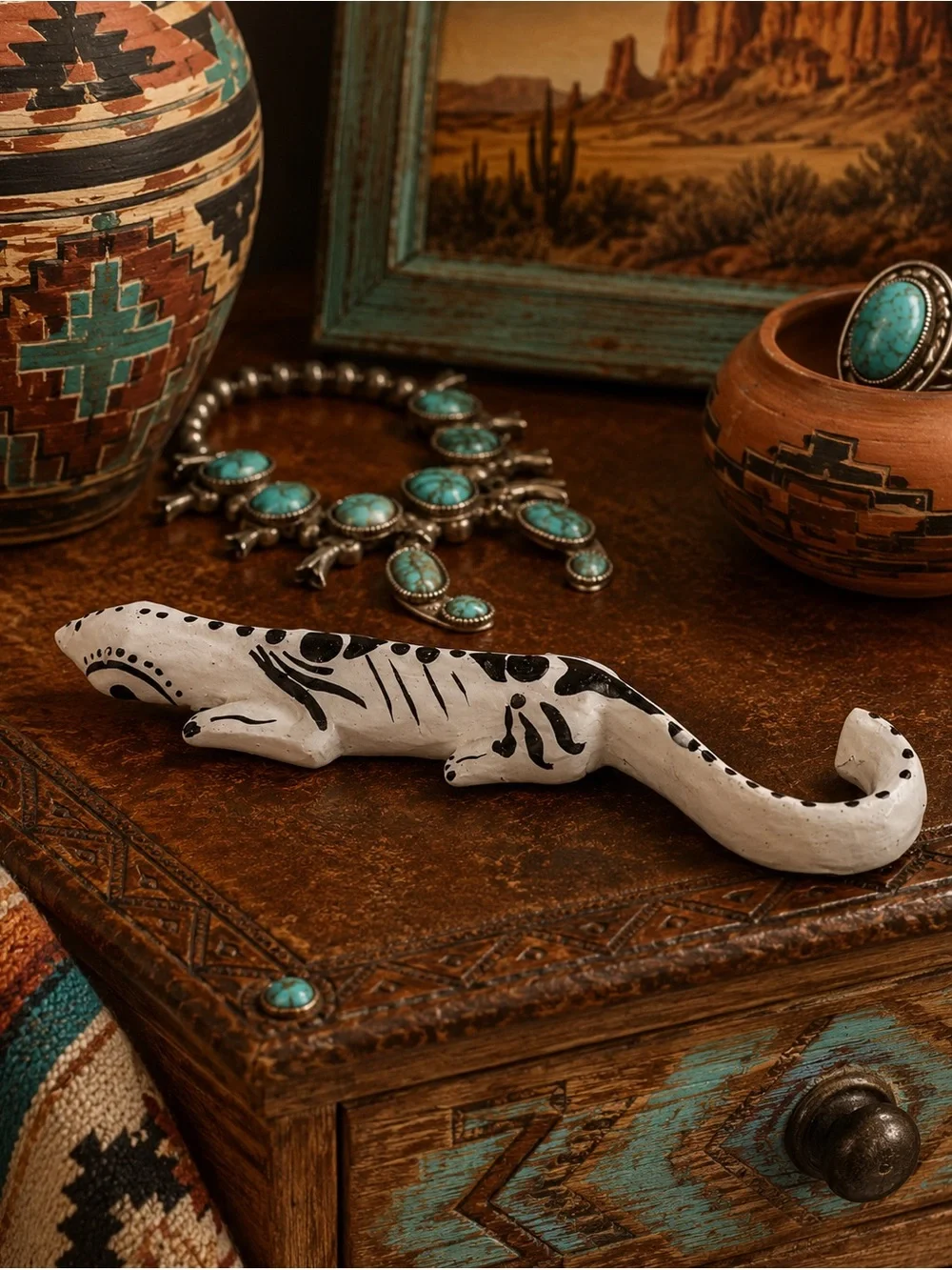 VTG Lizard Brooch Wood Carved Hand Painted White Black Pin Art 80s Reptile